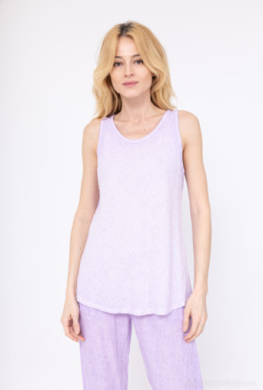 Linen tank top with round neck, guipure back, special wash - For Her Paris