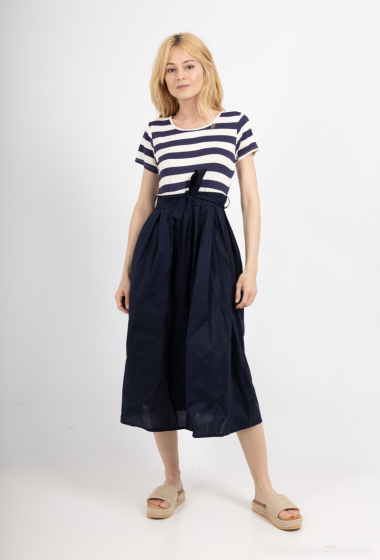 Long striped cotton dress with round neck and short sleeves - For Her Paris