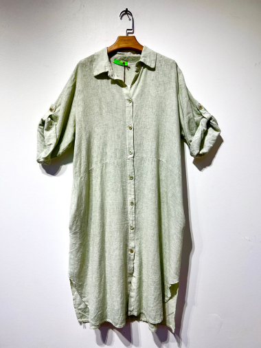 long dress with buttons or long linen vest 3/4 sleeves special wash - For Her Paris