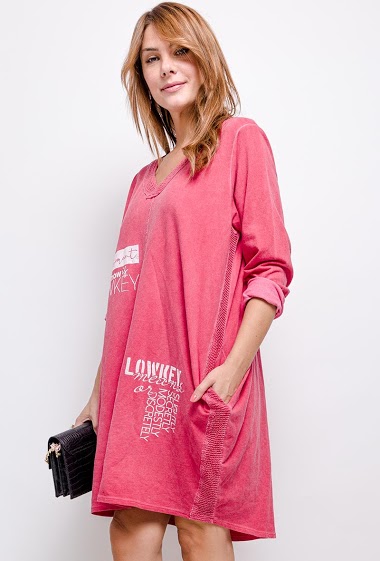 oversized 100% cotton V-neck dress with 2 pockets - For Her Paris