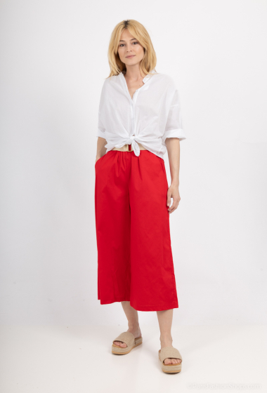 Plain wide belted cropped cotton pants - For Her Paris