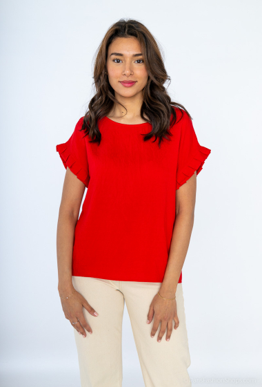 Plain top, round neck, short sleeves, pleats on the sleeve edges - For Her Paris
