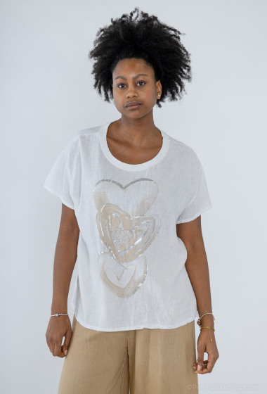 Round neck linen top short sleeves printed with silver hearts and rhinestones - For Her Paris