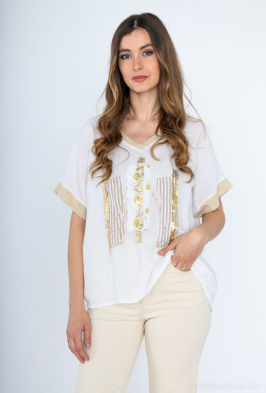 Oversized V-neck top with short sleeves in linen and cotton with fancy front details - For Her Paris