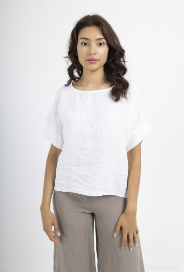Plain oversized top 100% linen short sleeves round neck - For Her Paris