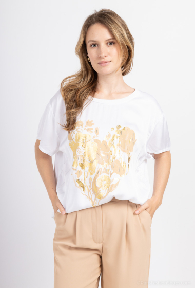 Plain cotton t-shirt top with a golden heart, round neck, short sleeves - For Her Paris