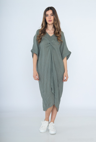 robe longue oversize unie col V manches 3/4 en 100% lin - For Her Paris
